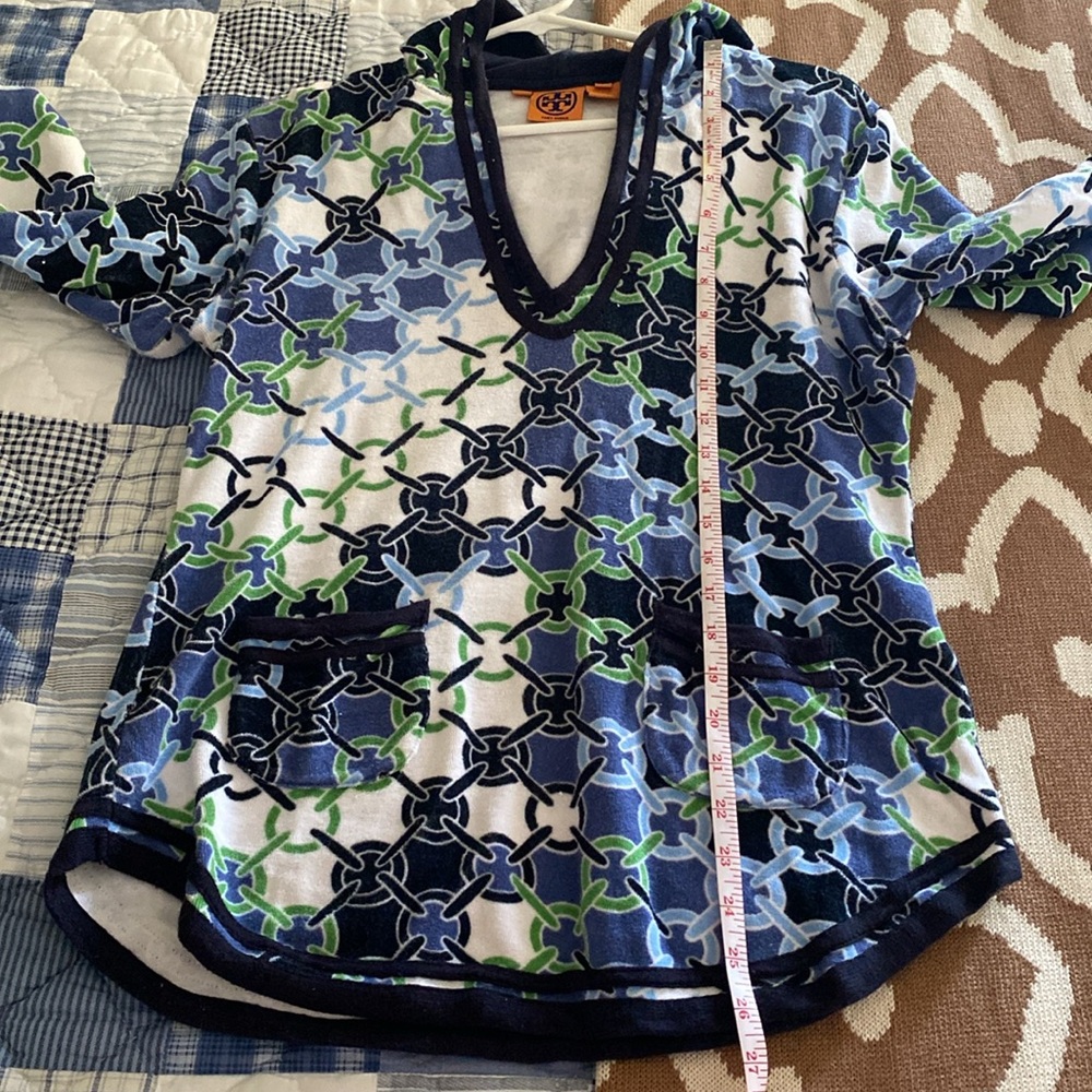 Tory Burch Terry Cloth Hoodie Tunic L chain print blue green white 100% cotton - Picture 6 of 9